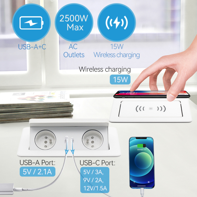 French standard electric table socket box ABS electric pop up socket wireless charger for office