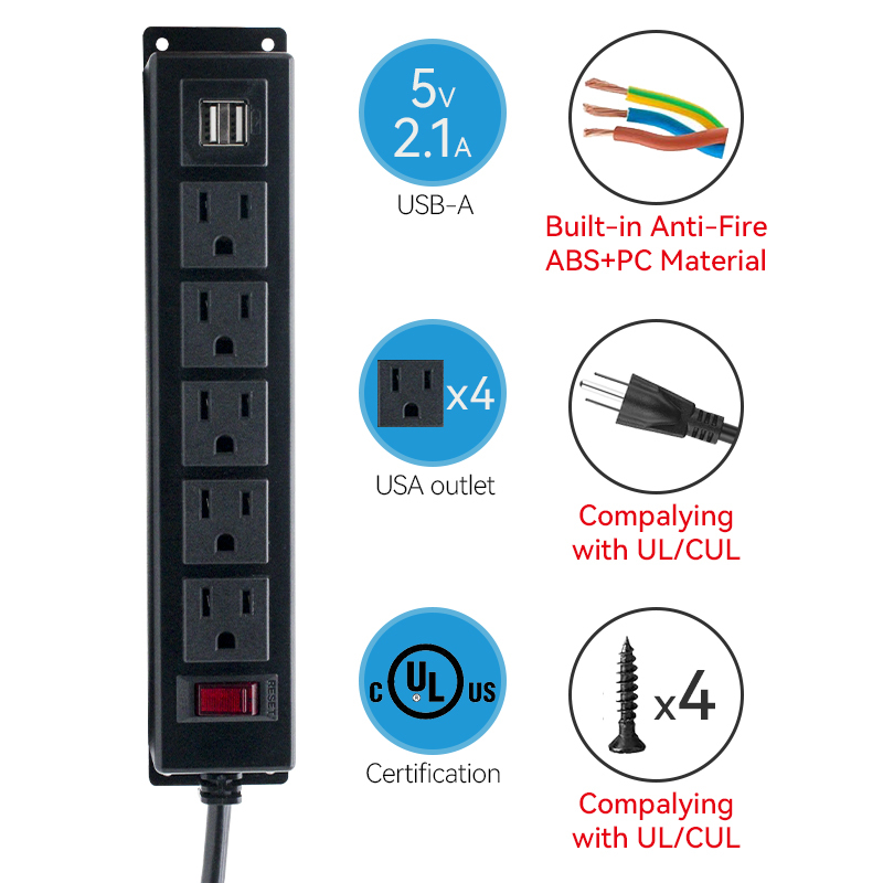 Under Cabinet Power Strip Power Socket 5 Outlets 2 USBA Charging Switch Control Socket