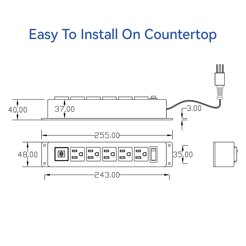 Under Cabinet Power Strip Power Socket 5 Outlets 2 USBA Charging Switch Control Socket