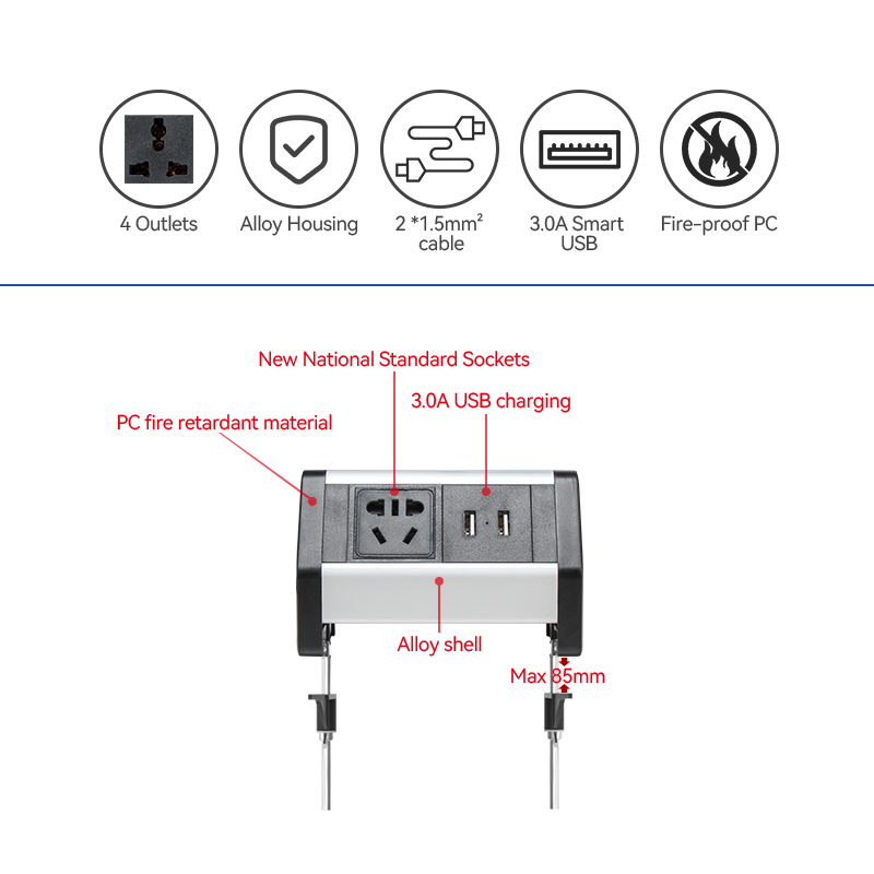 New China standard sliver table clamp socket tabletop electric extension socket with switch 1.8 m power plug