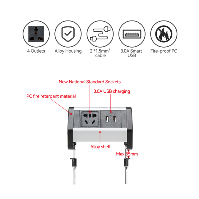New China standard sliver table clamp socket tabletop electric extension socket with switch 1.8 m power plug