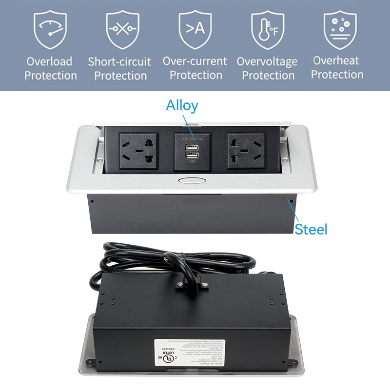 Wholesale China silver alloy 220 v power hidden desk countertop pop up socket 3 ac outlets dual usb