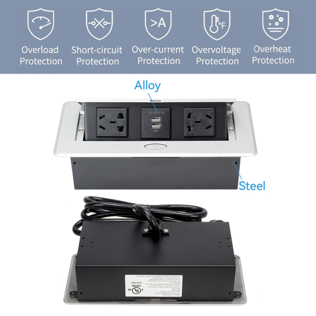 Wholesale China silver alloy 220 v power hidden desk countertop pop up socket 3 ac outlets dual usb