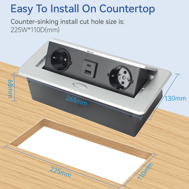 Kitchen worktops hidden desk 3 pin eu pop up sockets built-in safety sockets with 2 ac outlets