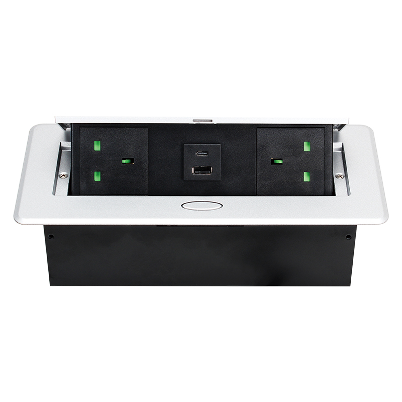 Factory conference waterproof socket built in socket 2 pin UK sliver pop up 2 USB A sockets