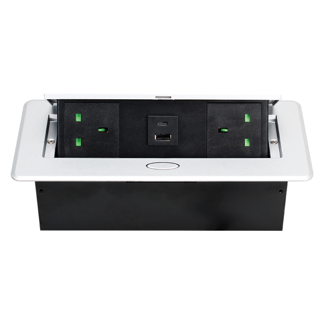 Factory conference waterproof socket built in socket 2 pin UK sliver pop up 2 USB A sockets