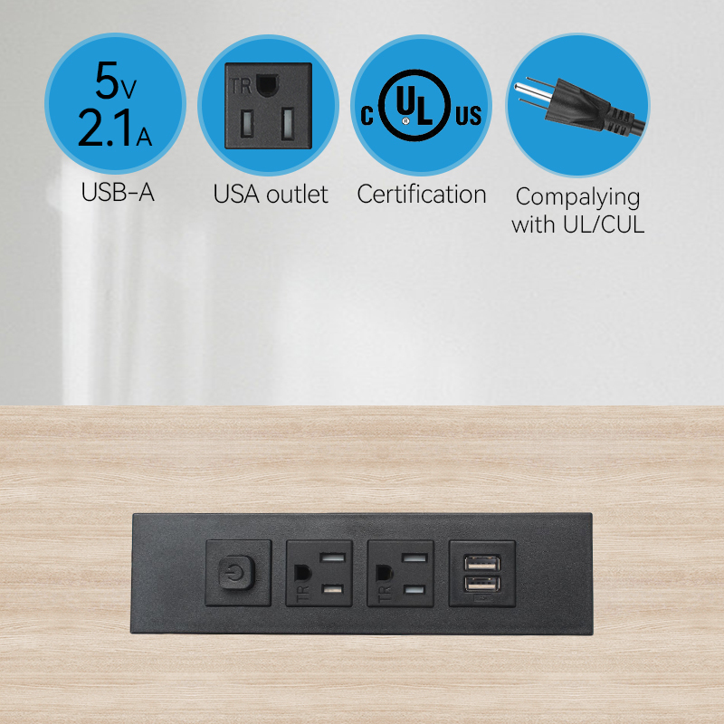 UL/CUL certificated recessed desk table power strip with 2 ac outlets USB A 1 switch