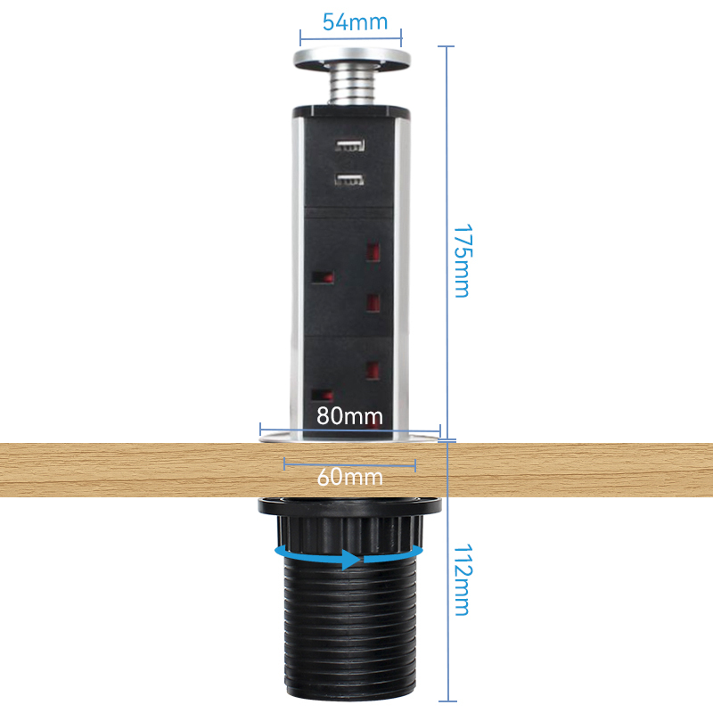 Kitchen table alloy lift socket with UK lift socket with 3 ac outlets USB A