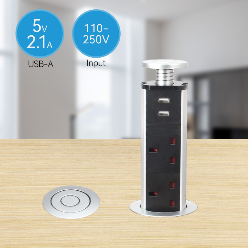 Kitchen table alloy lift socket with UK lift socket with 3 ac outlets USB A