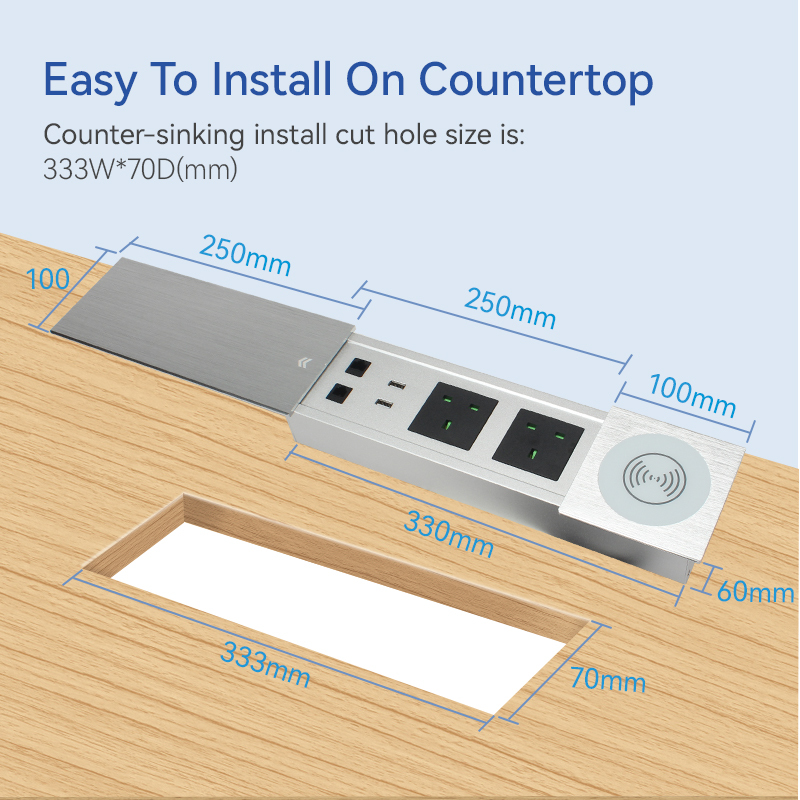 Conference UK Brushed sliver sliding socket with QI wireless charging