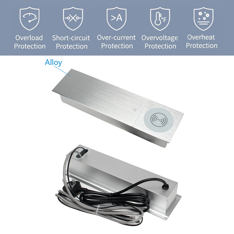 Conference UK Brushed sliver sliding socket with QI wireless charging