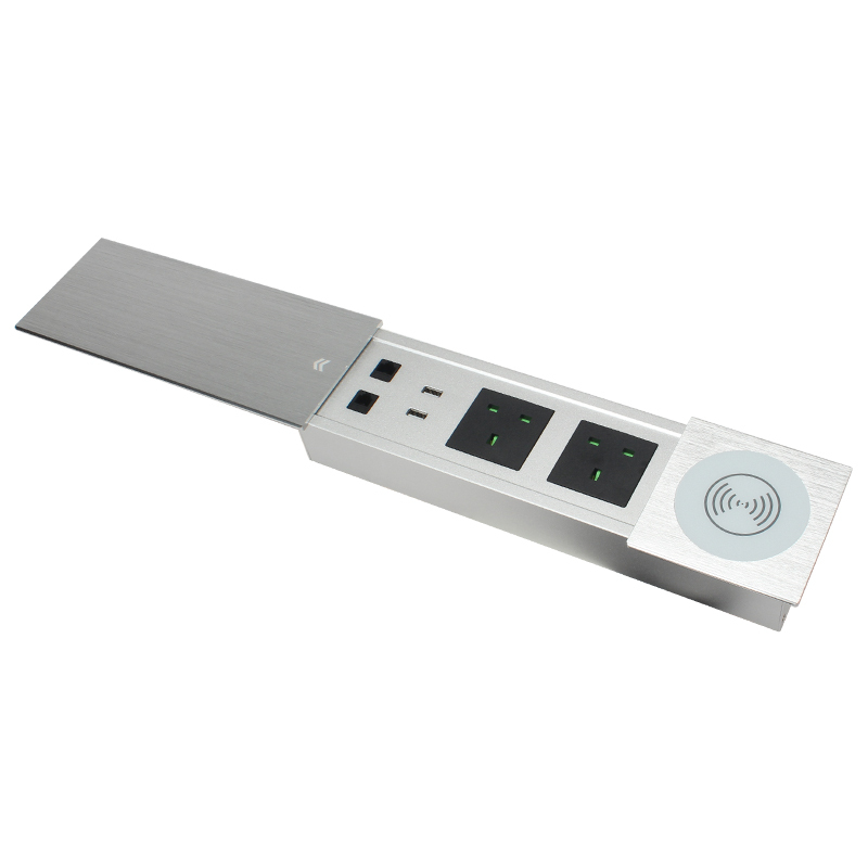 Conference UK Brushed sliver sliding socket with QI wireless charging
