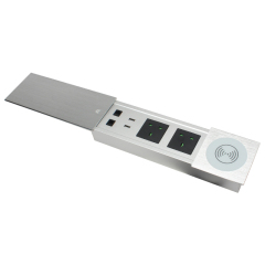 Conference UK Brushed sliver sliding socket with QI wireless charging