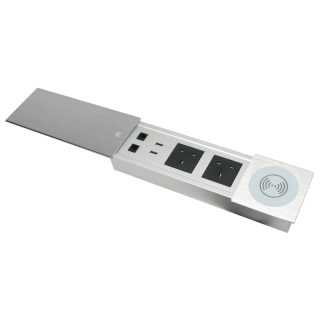 Conference UK Brushed sliver sliding socket with QI wireless charging