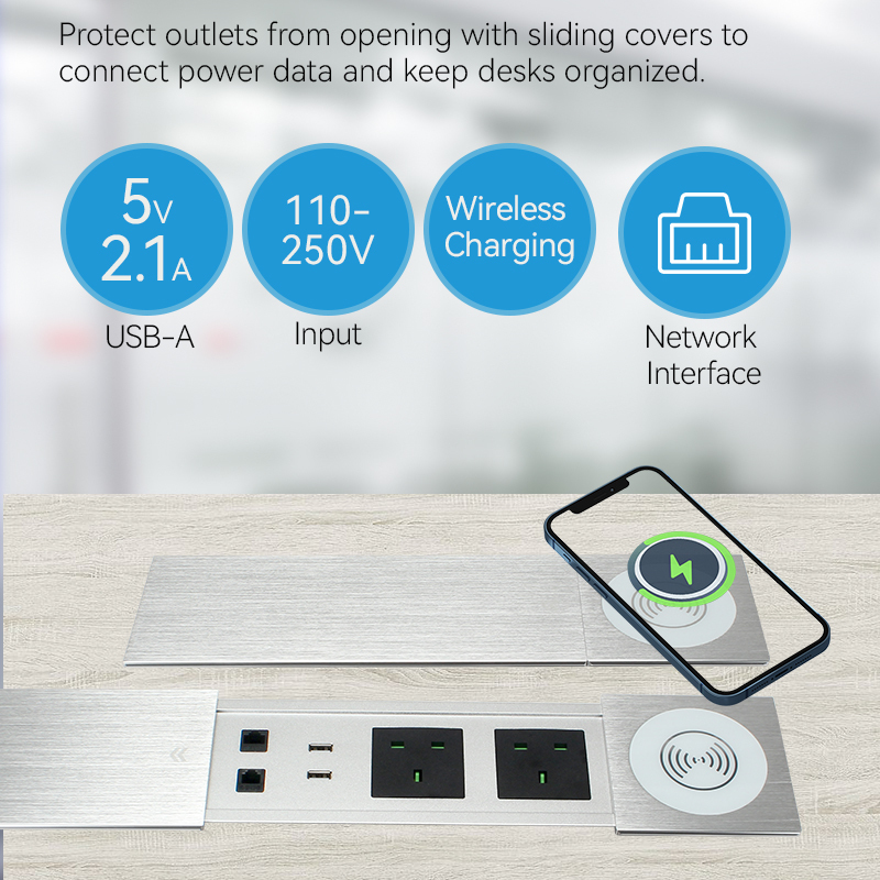 Conference UK Brushed sliver sliding socket with QI wireless charging