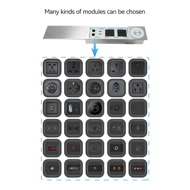 Conference UK Brushed sliver sliding socket with QI wireless charging