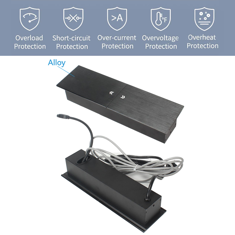 Table alloy brushed black sliding flip up socket electrical sockets European 2 outlets USB A power socket