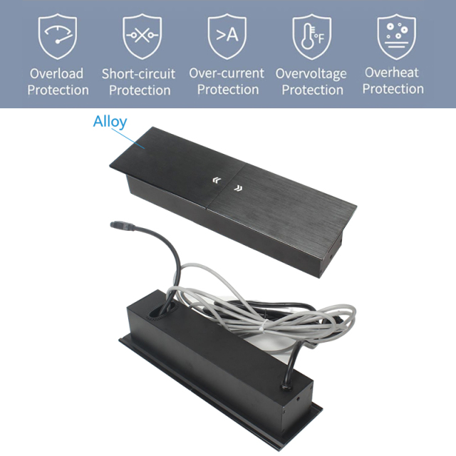 Table alloy brushed black sliding flip up socket electrical sockets European 2 outlets USB A power socket