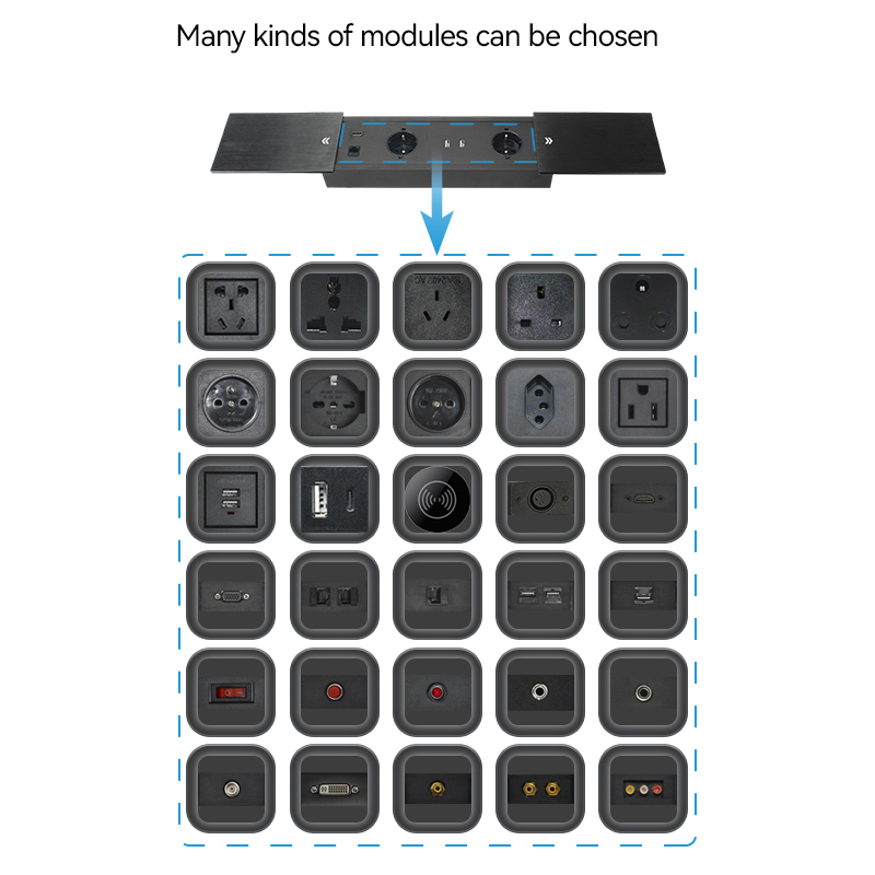 Table alloy brushed black sliding flip up socket electrical sockets European 2 outlets USB A power socket
