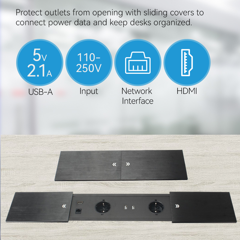 Table alloy brushed black sliding flip up socket electrical sockets European 2 outlets USB A power socket