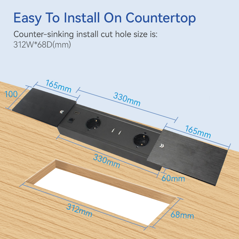 Table alloy brushed black sliding flip up socket electrical sockets European 2 outlets USB A power socket