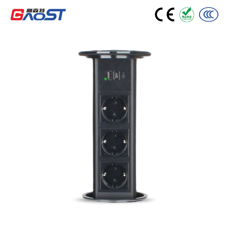 High quality table black pneumatic lift pop up socket wireless charger socket 3 EU outlets