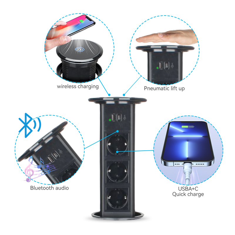 High quality table black pneumatic lift pop up socket wireless charger socket 3 EU outlets
