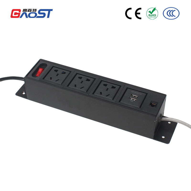Hot Sale Multimedia Under Desk Edge Power Strip With 2 Usb Port RJ45 Mental Panel Power Outlet Socket