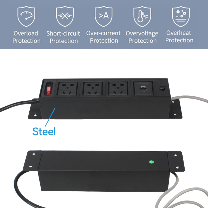 Hot Sale Multimedia Under Desk Edge Power Strip With 2 Usb Port RJ45 Mental Panel Power Outlet Socket
