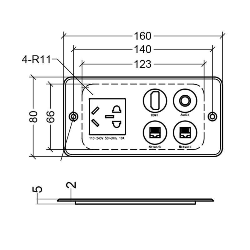 Flush mounted USB wall socket HDMI audio electrical outlet types power connection