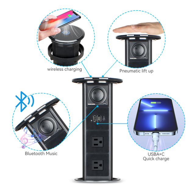 Pneumatic lift pop up bluetooth 15 W phone wireless charger kitchen pop up electrical socket