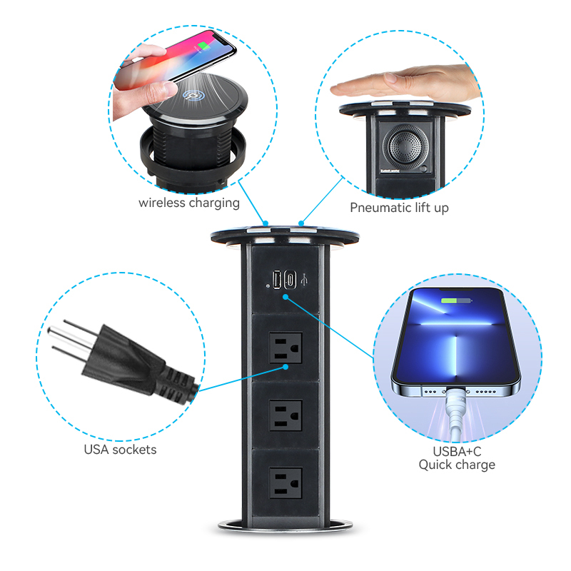Table Furniture tower lift up phone iphone 3 AC outlet Usb QI 15 W Wireless Charger