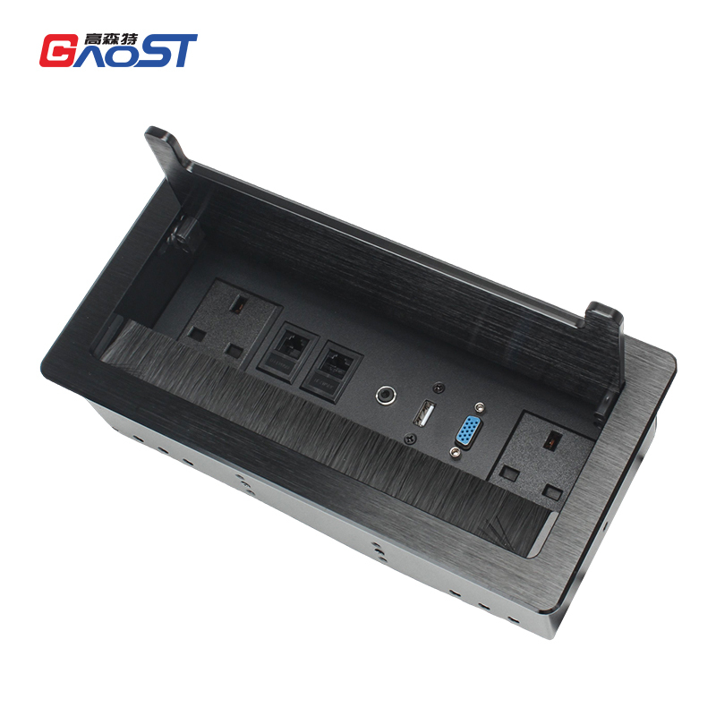 Table brushed black UAE flip up socket multifunction outlet scable cubbies