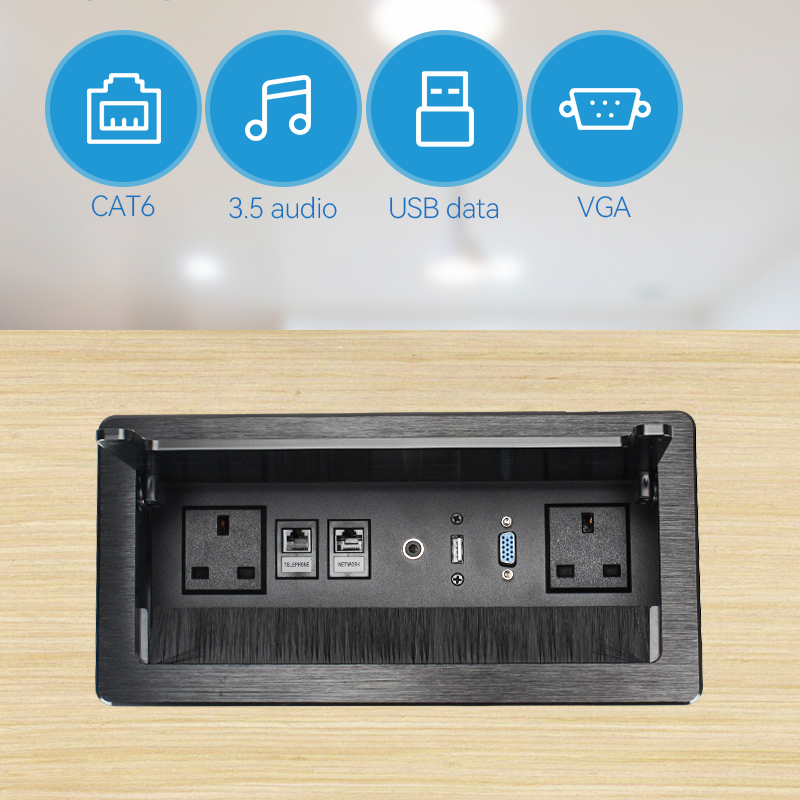 Table brushed black UAE flip up socket multifunction outlet scable cubbies