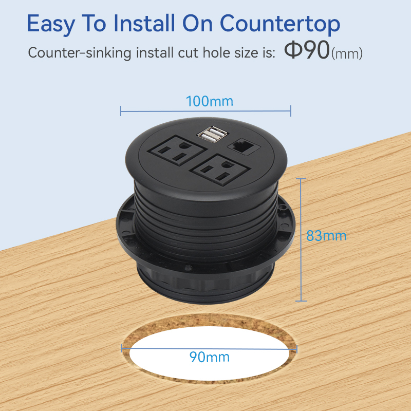 Desk US hole 90mm power grommet LAN RJ45 cat6 connector 2 USB A grommet