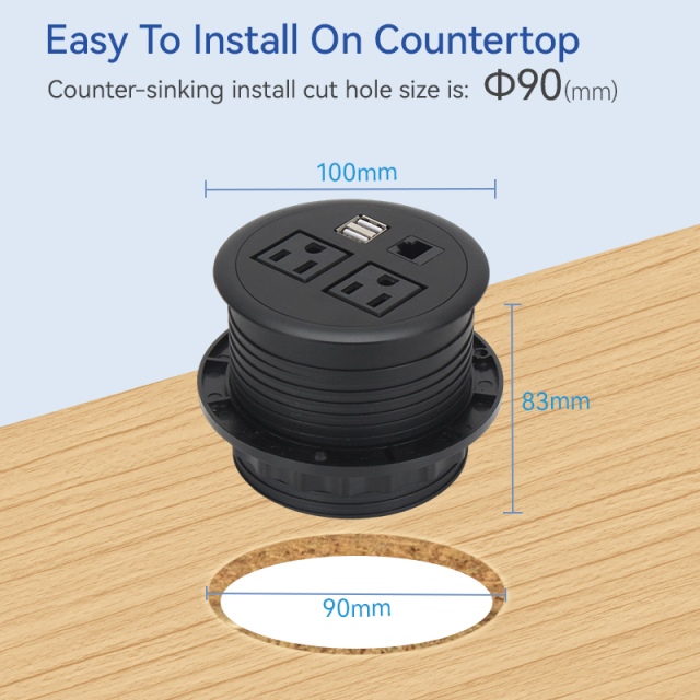 Desk US hole 90mm power grommet LAN RJ45 cat6 connector 2 USB A grommet