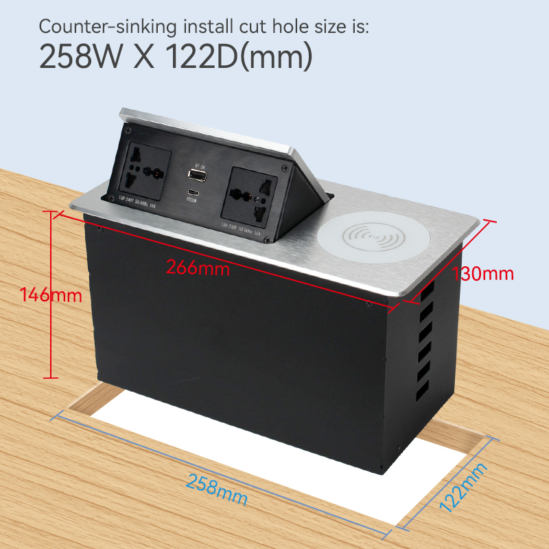 Smart Pop Up Desktop Socket 2 universal Ac USBA Type C charger QI 10 W wireless charging station