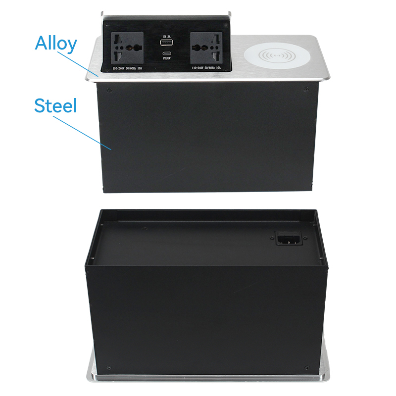 Smart Pop Up Desktop Socket 2 universal Ac USBA Type C charger QI 10 W wireless charging station