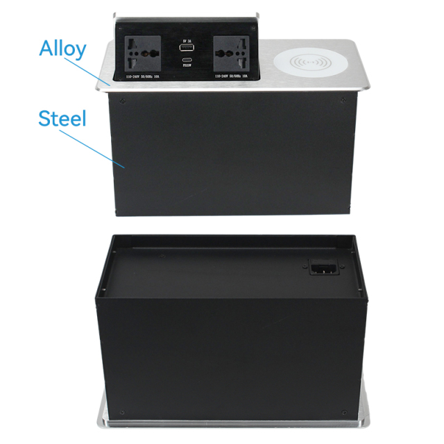 Smart Pop Up Desktop Socket 2 universal Ac USBA Type C charger QI 10 W wireless charging station