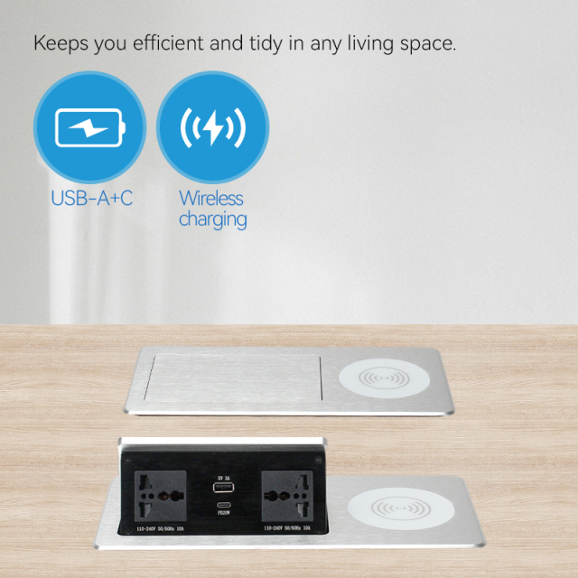 Smart Pop Up Desktop Socket 2 universal Ac USBA Type C charger QI 10 W wireless charging station