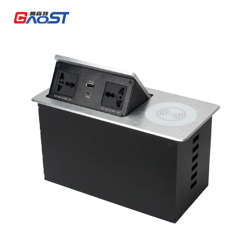 Smart Pop Up Desktop Socket 2 universal Ac USBA Type C charger QI 10 W wireless charging station