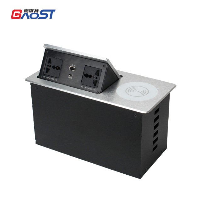 Smart Pop Up Desktop Socket 2 universal Ac USBA Type C charger QI 10 W wireless charging station