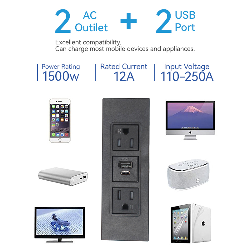 US Furniture Socket 2 AC Outlet USB Charging Type C charging 5V 3.0A Recessed in Desktops