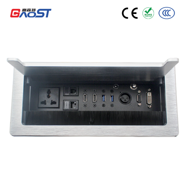 Fast charge conference UAE/UK/SA cable cubbies universal flip up socket