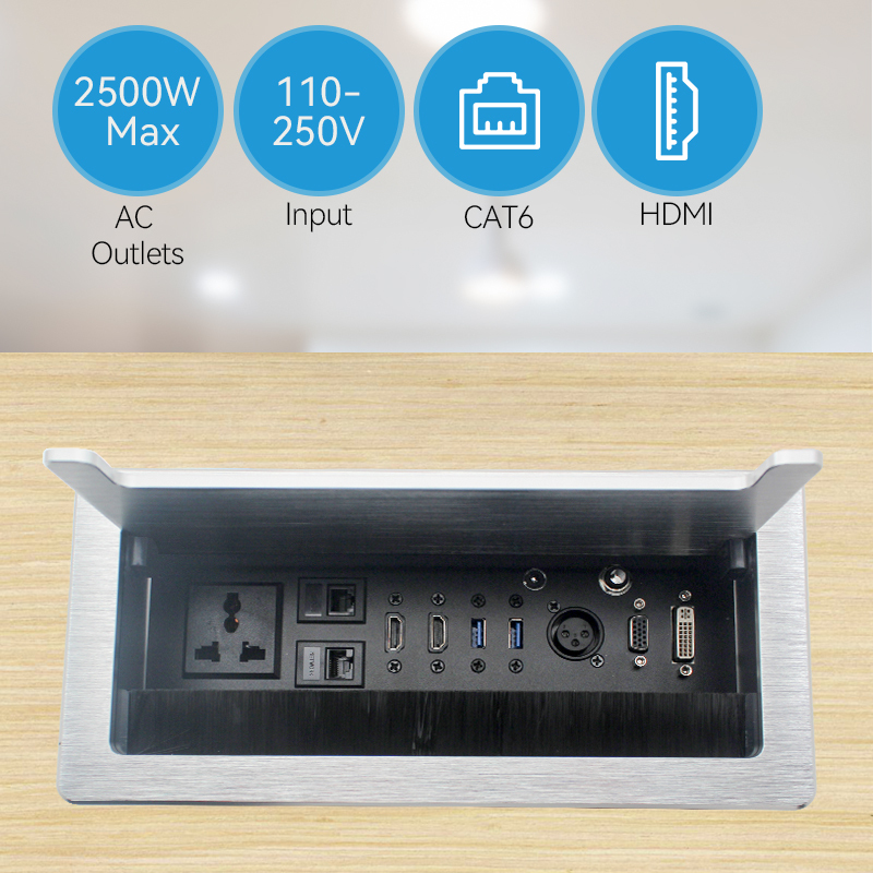 Fast charge conference UAE/UK/SA cable cubbies universal flip up socket