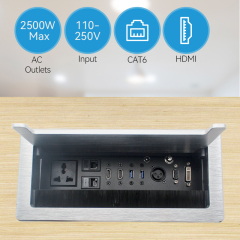 Fast charge conference UAE/UK/SA cable cubbies universal flip up socket
