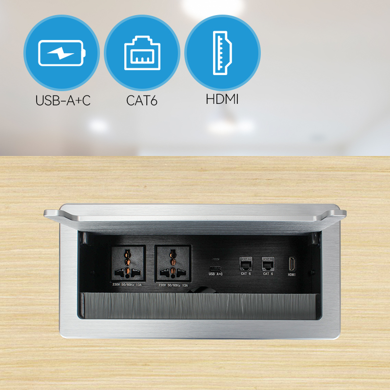Conference Brushed silver universal worldwide flip up socket USB A type c charger