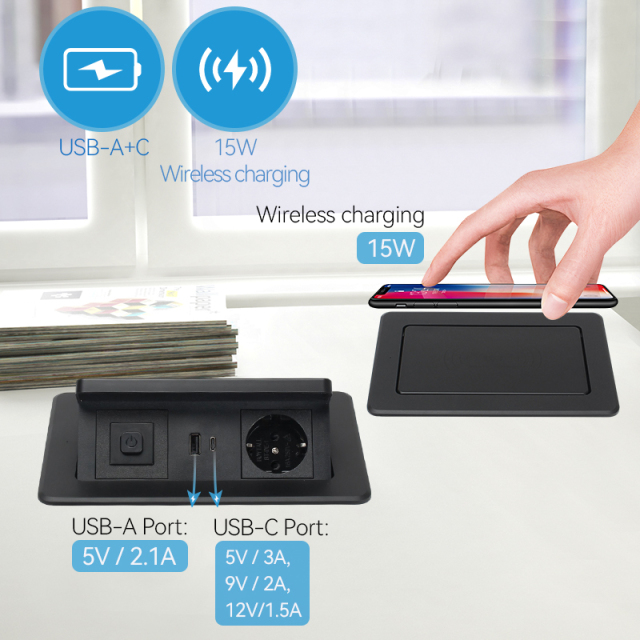 Pop Up Outlet Electrical Power Socket for Kitchen Countertop, Retractable Recessed Power Strip Hidden Outlet with 18W Wireless Charger pop up wireless charger