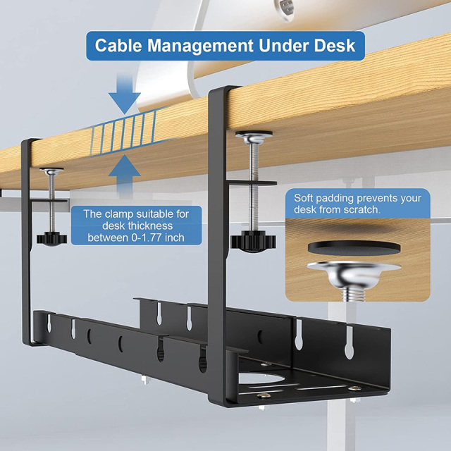 Under Desk Cable Management Tray, Retractable Cord Organizer for Desk, No Drill Cable Tray Basket for Wire Management, Sturdy Metal Cable Management Under Desk with Clamp for Home Office