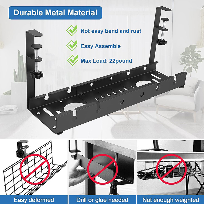 Under Desk Cable Management Tray, Retractable Cord Organizer for Desk, No Drill Cable Tray Basket for Wire Management, Sturdy Metal Cable Management Under Desk with Clamp for Home Office